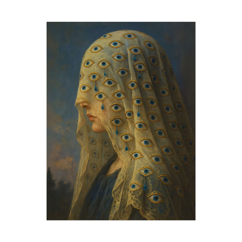 Fine art print of a woman in profile wearing a lace veil embroidered with multiple all-seeing eyes and blue teardrop details. The giclée reproduction features a romantic, gothic painting style with symbolic motifs, perfect for dark academia interiors, witchy decor, and spiritual spaces. Printed on soft textured archival paper in multiple sizes.